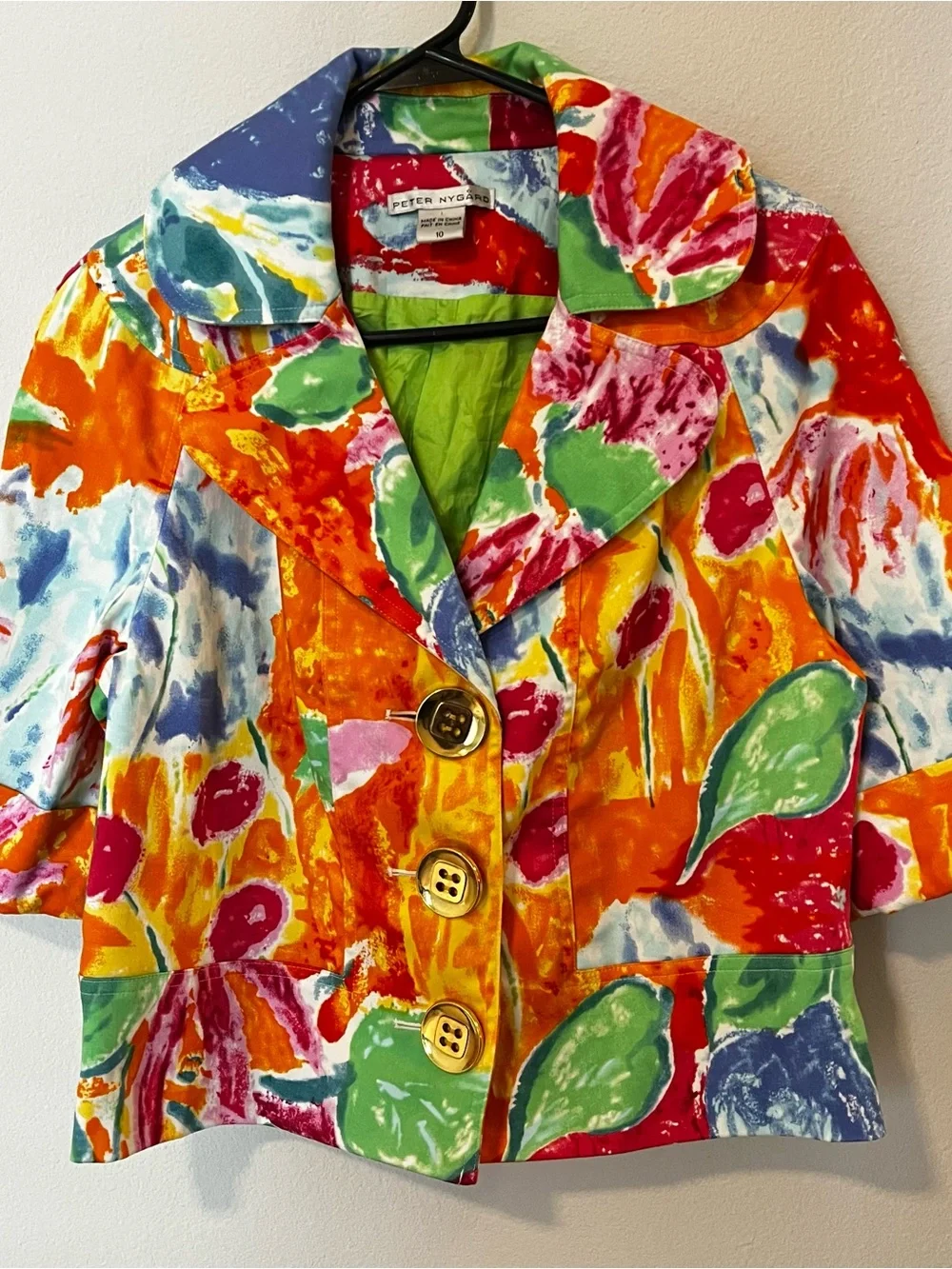 Peter Nygard Women’s Lined Gold Buttons 3/4 Slv Crop Vibrant Colorful  Blazer 10